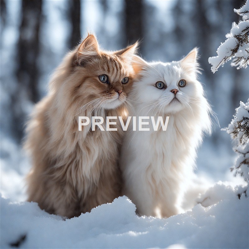 Two long-haired cats, one with a golden-brown coat and the other with a white coat, are standing close together in a snowy outdoor setting with snow-covered trees in the background.